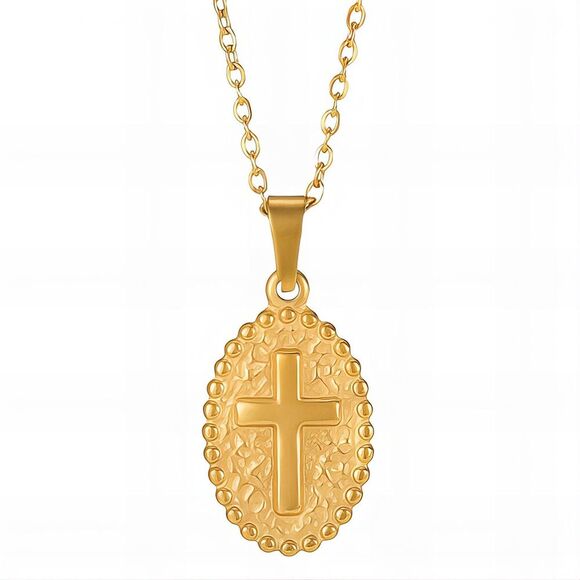 18K Gold Plated Round Cross Faith Religious Necklace Hypoallergenic Waterproof - Picture 1 of 12